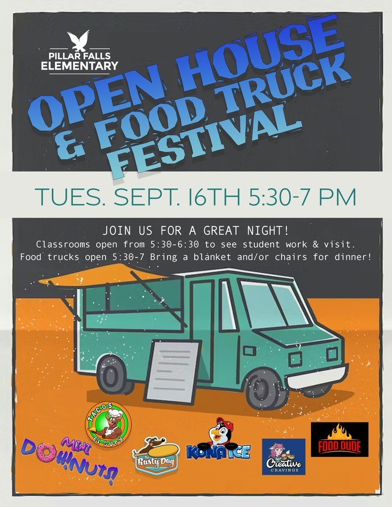 food truck with logos of food truck companies information on open house 5:30-7 pm