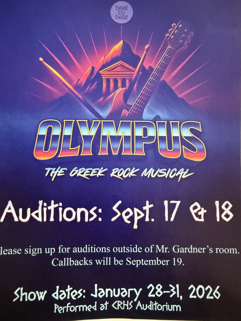 A blue and purple flyer with Mt. Olympus on it with white lettering advertising the play tryouts.