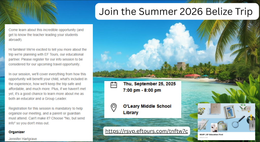 A flyer with a beach background advertising information for school trip to Belize.