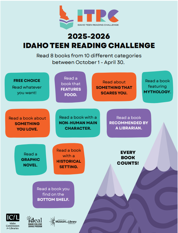 A poster with a light blue background, purple and white mountains with teal, purple and orange squares promoting a reading challenge.