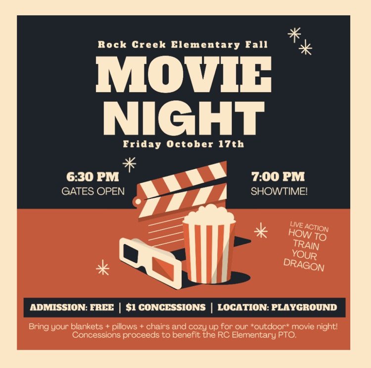 rock creek elementary fall movie night Friday October 17tg 6:30 pm gates open 7 pm showtime admission free