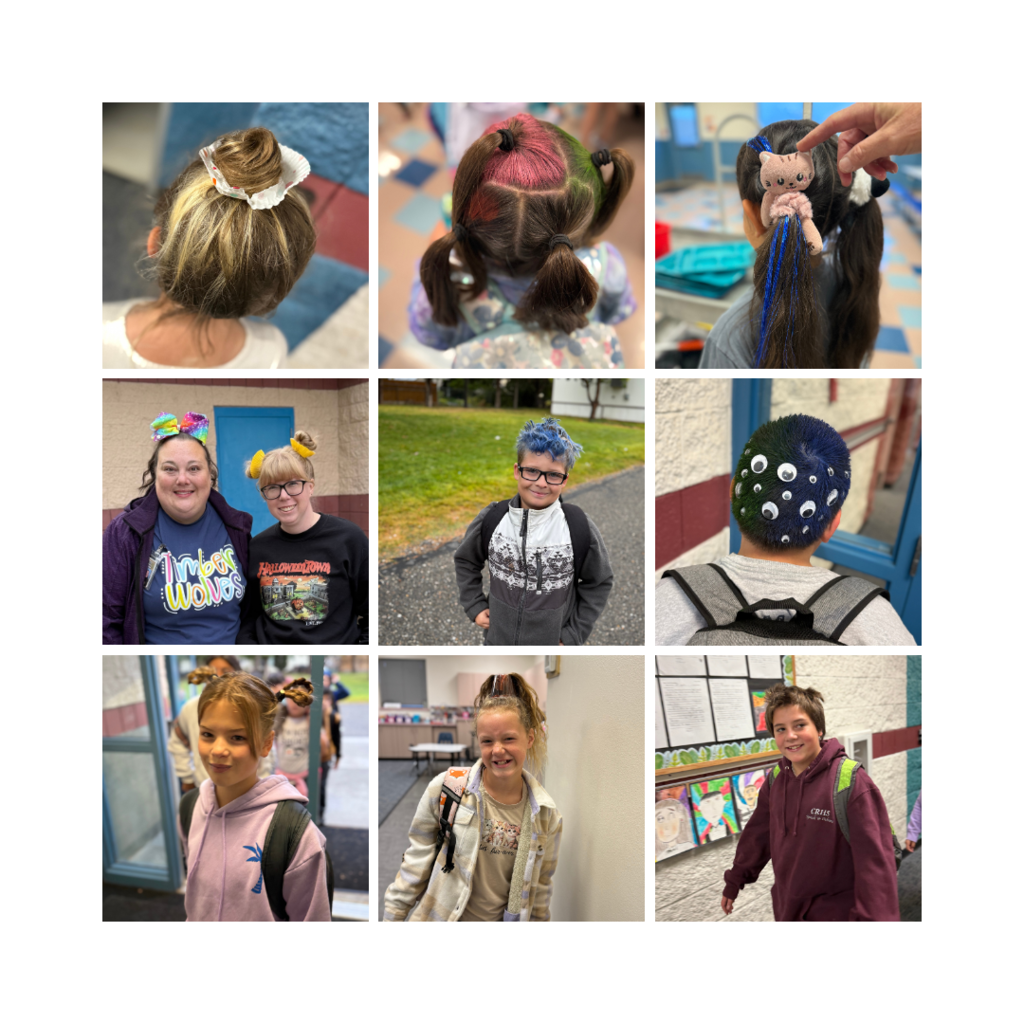Crazy Hair Day - students and teachers posing with their crazy hair