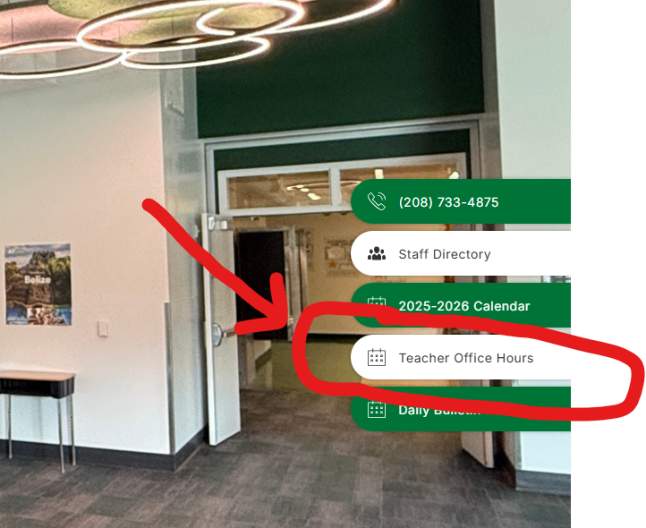 A screenshot of the school's webpage with a red circle and red arrow pointing to Teacher Office Hours.