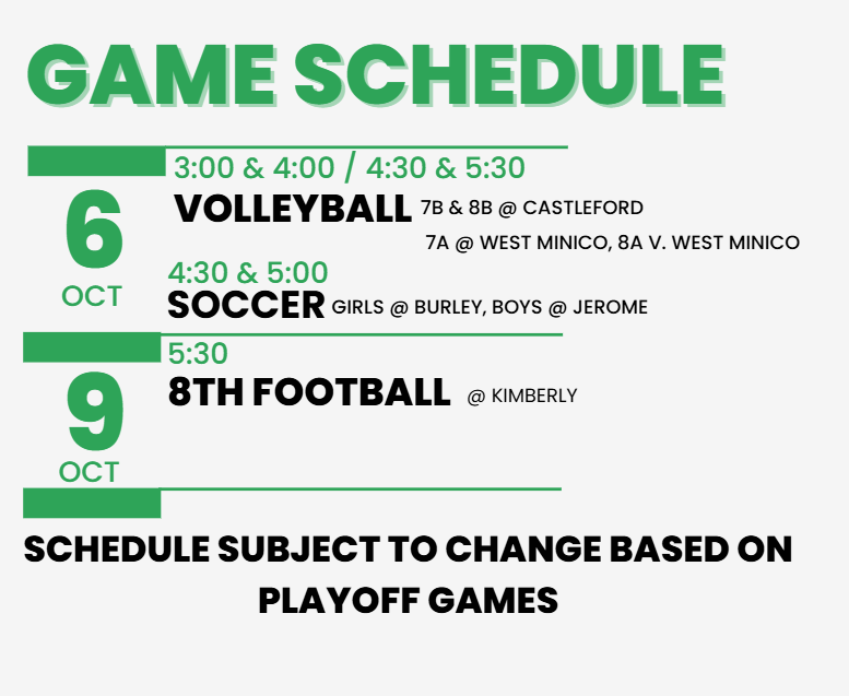 A white background with green and black text listing the game schedule for the week.