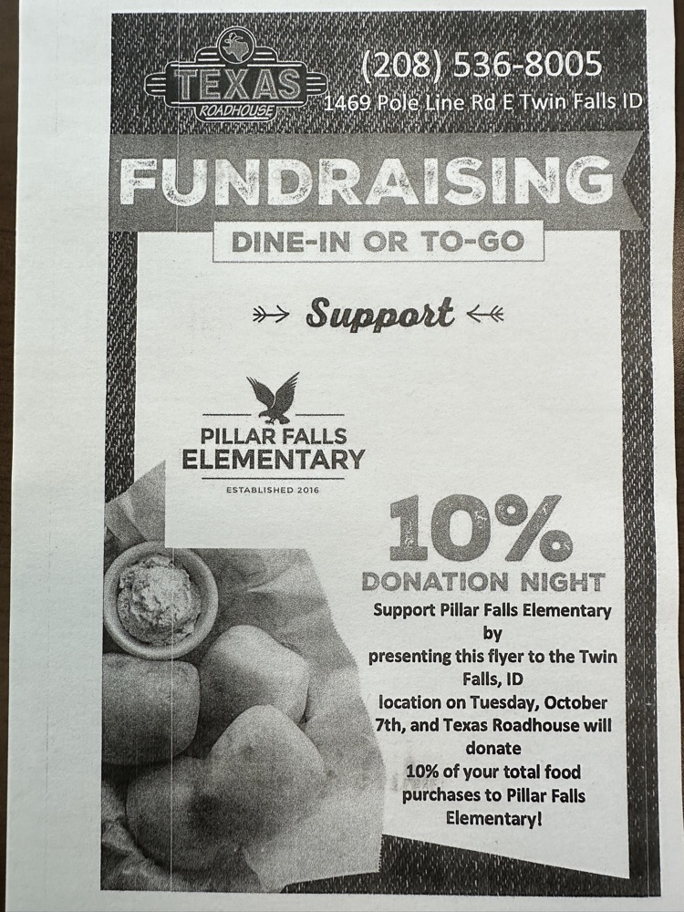 Join Pillar Falls from 5-8pm. Show them the flyer or this picture to get credit for our school. 