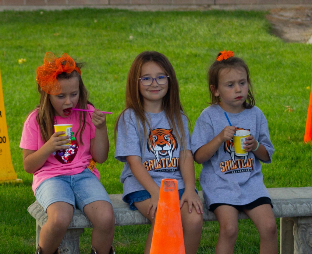 Sawtooth Students celebrating Sawtooth 50th birthday eating icies.