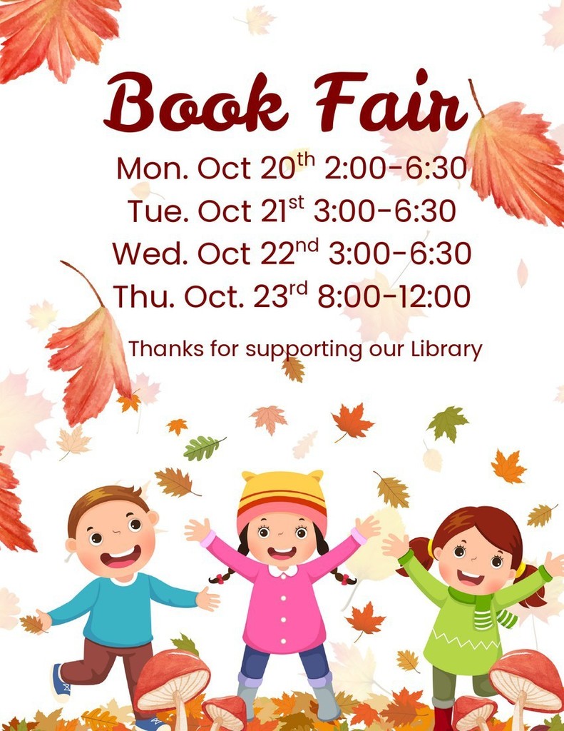Flyer with times for Book Fair (Fall theme)
