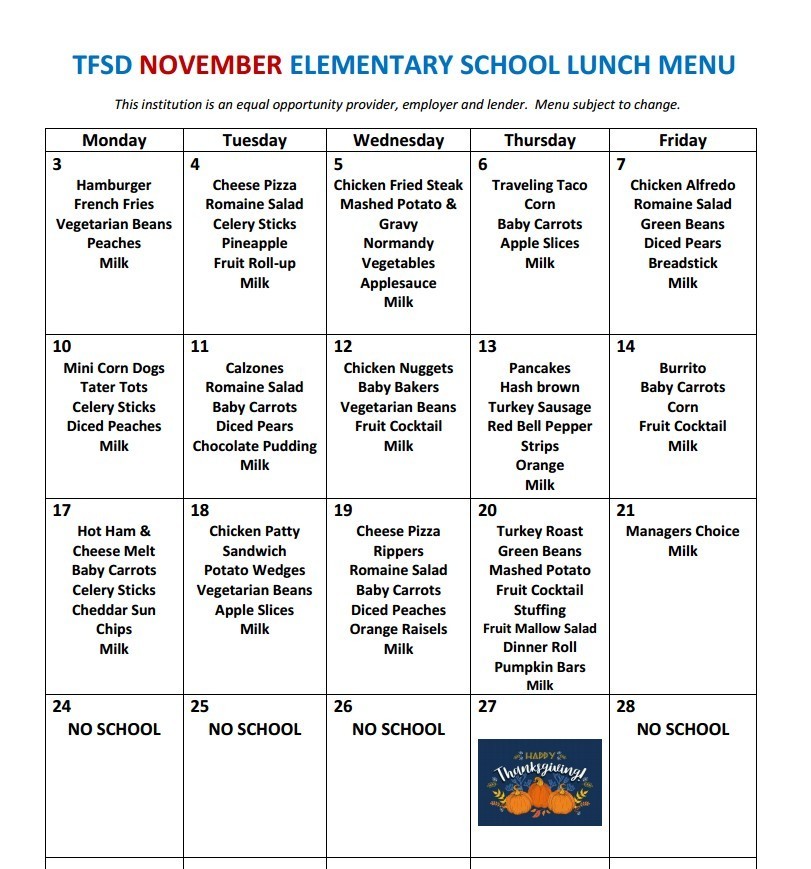 november school lunch menu