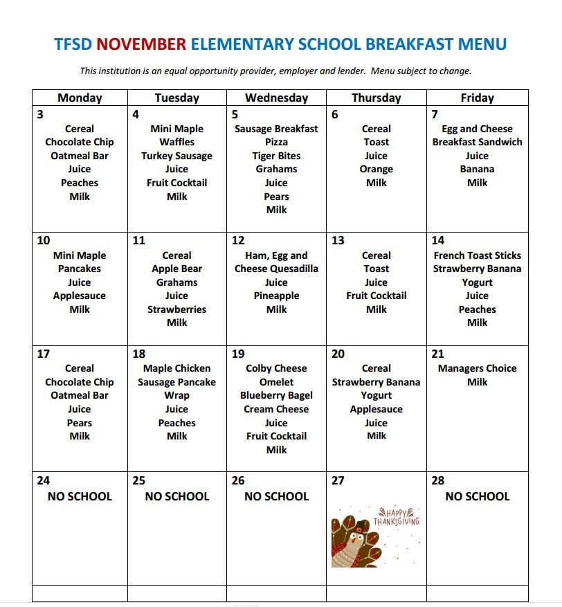 november school breakfast menu