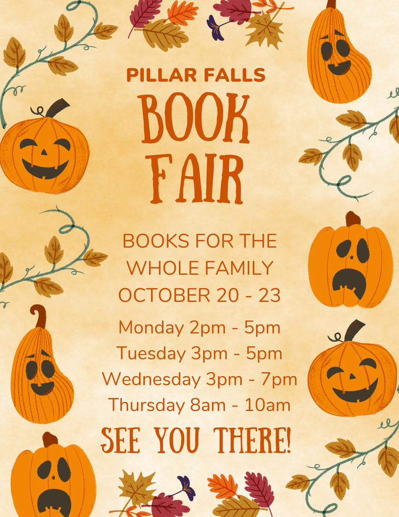 pumpkins and fall decor with the hours and information about the book fair 