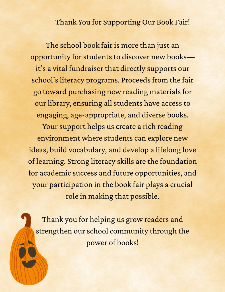 pumpkins and fall decor with the hours and information about the book fair 