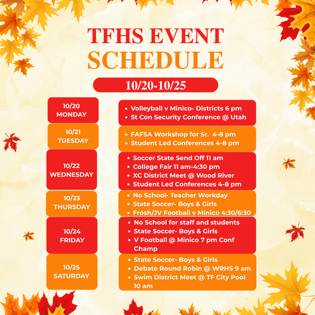 TFHS Event Schedule October 20-25
