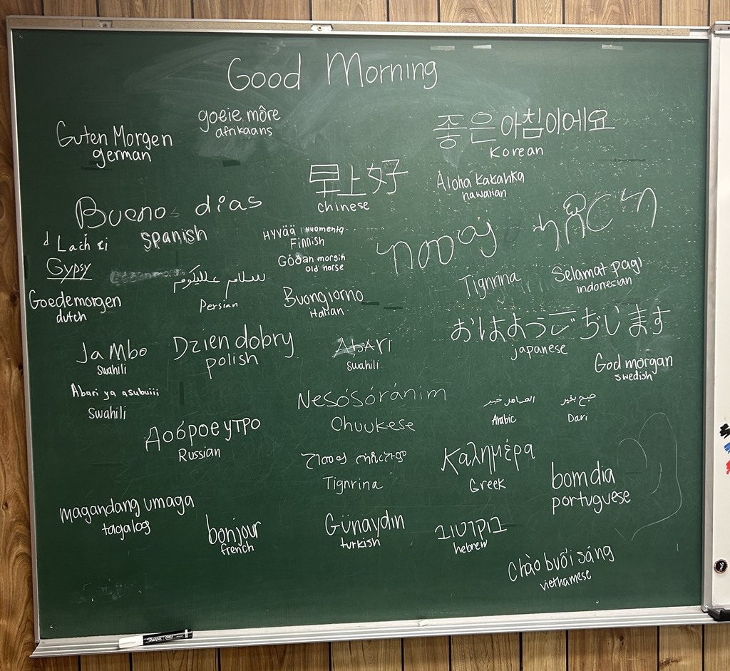 School Chalkboard with "Good Morning" written in different languages
