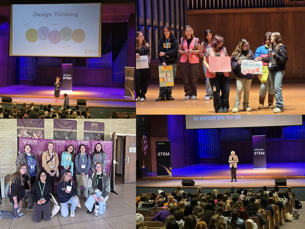 4 pictures of women/girls presenting on a stage