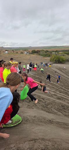 O'leary students using sleds to slide down the sand dunes at Bruneau Sand Dunes