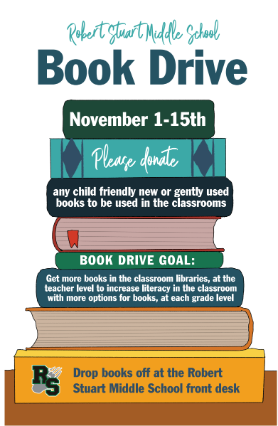 a graphic of a stack of books advertising a book drive