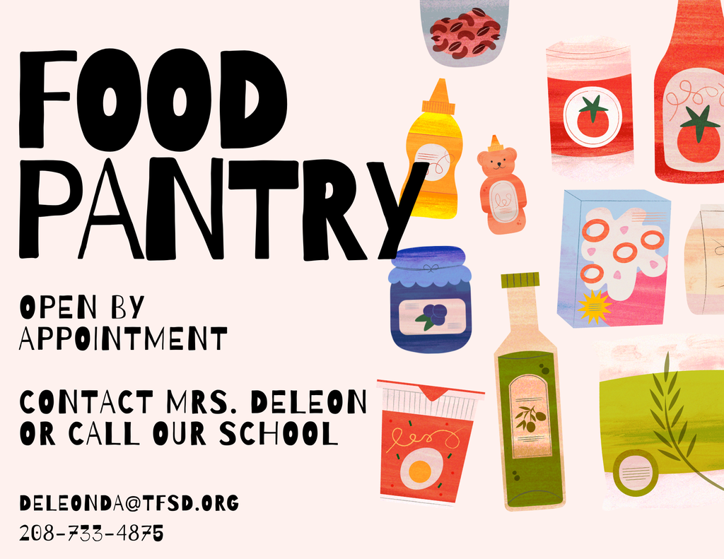 a white flyer with brightly colored food items and black font advertising the school's food pantry