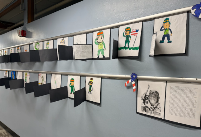 Student artwork displayed in the hallways at Morningside Elementary for Veterans Day