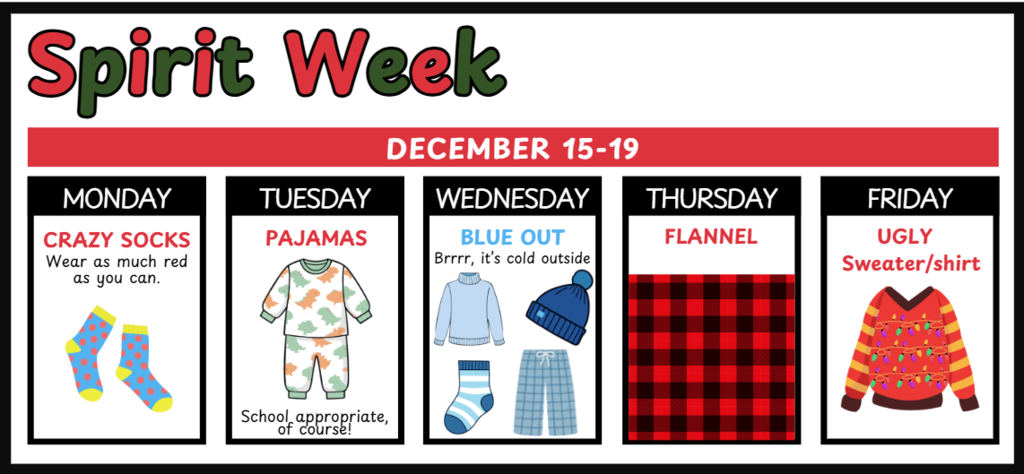 a flyer with red and green font showing blue socks with red polka dots, dino pajamas, blue clothes, red and black flannel, and a red and yellow sweater with Xmas lights