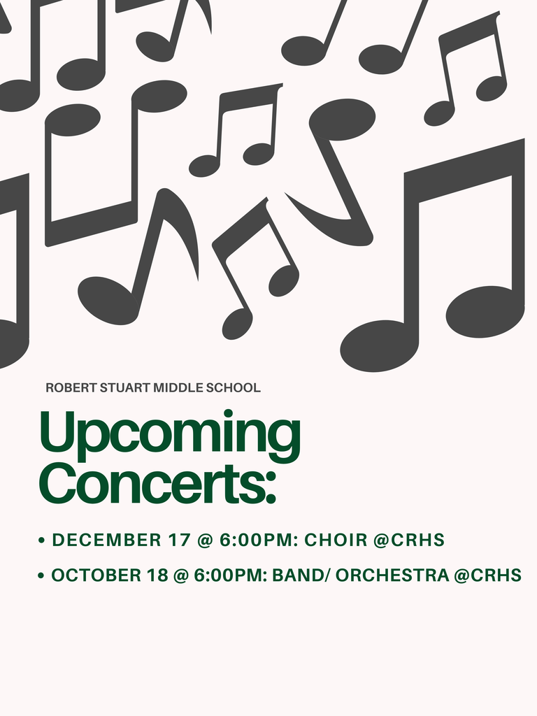 a black and white flyer with black music notes and green font  advertising upcoming concerts 