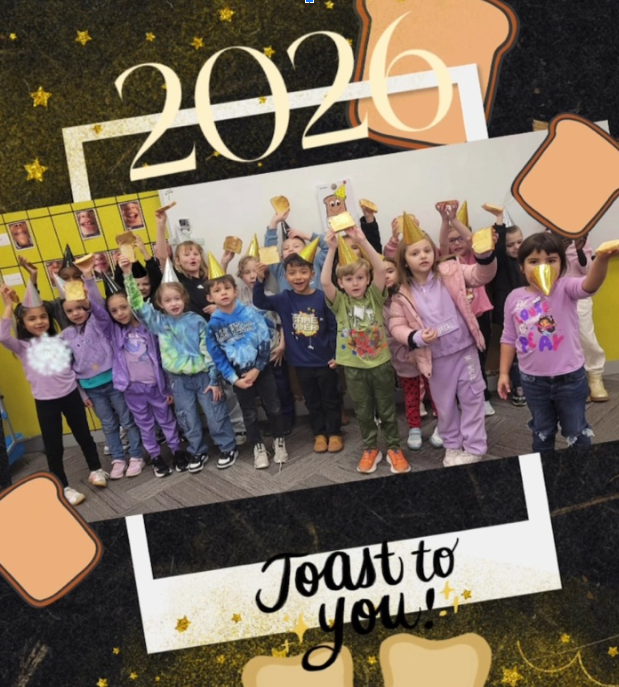 Group of kindergarteners wearing party hats excitedly holding slices of toast. One has her hat over her mouth., a beak-tacular way to start the New Year