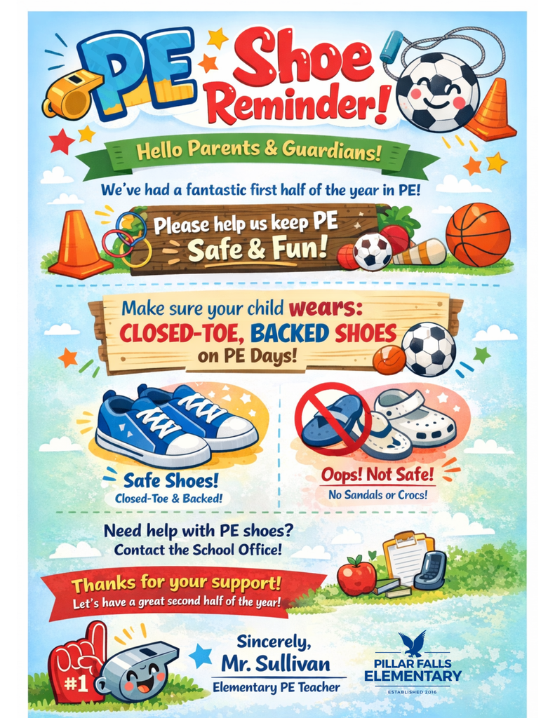 PE images like whistles, shoes, balls, cones, and lots of words about wearing the right kind of shoe to PE class.