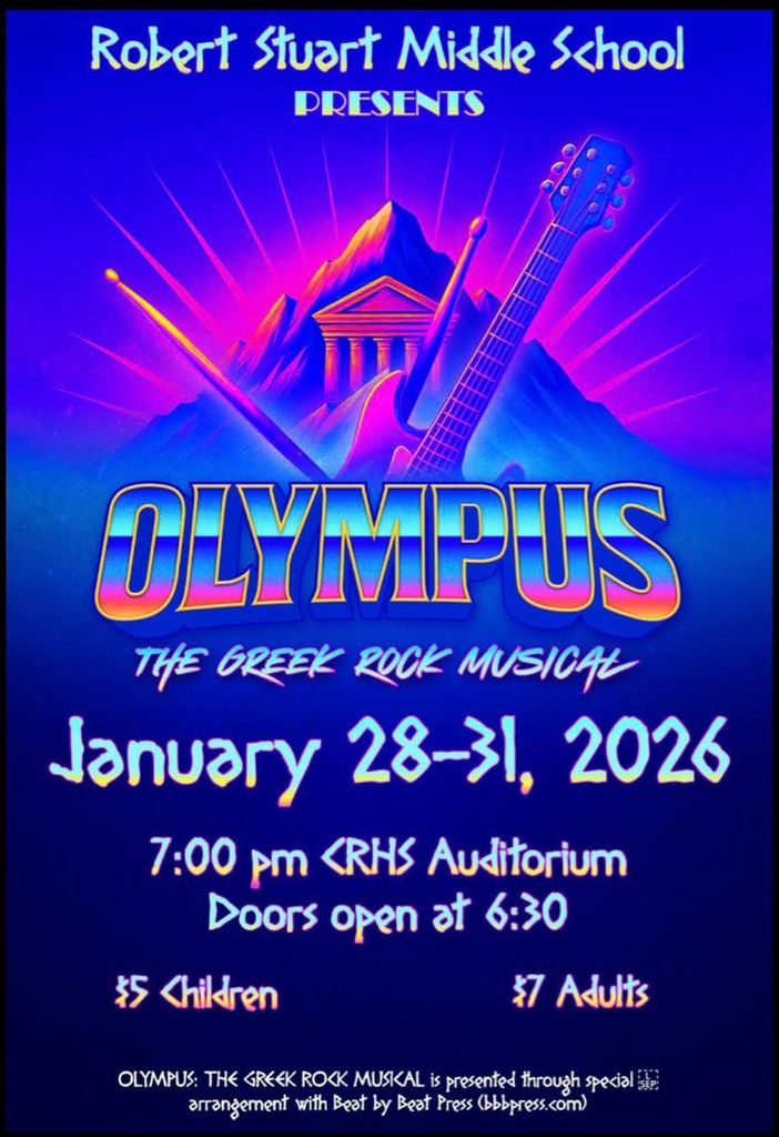 a blue and pink poster with a picture of Mt. Olympus in the background advertising the musical