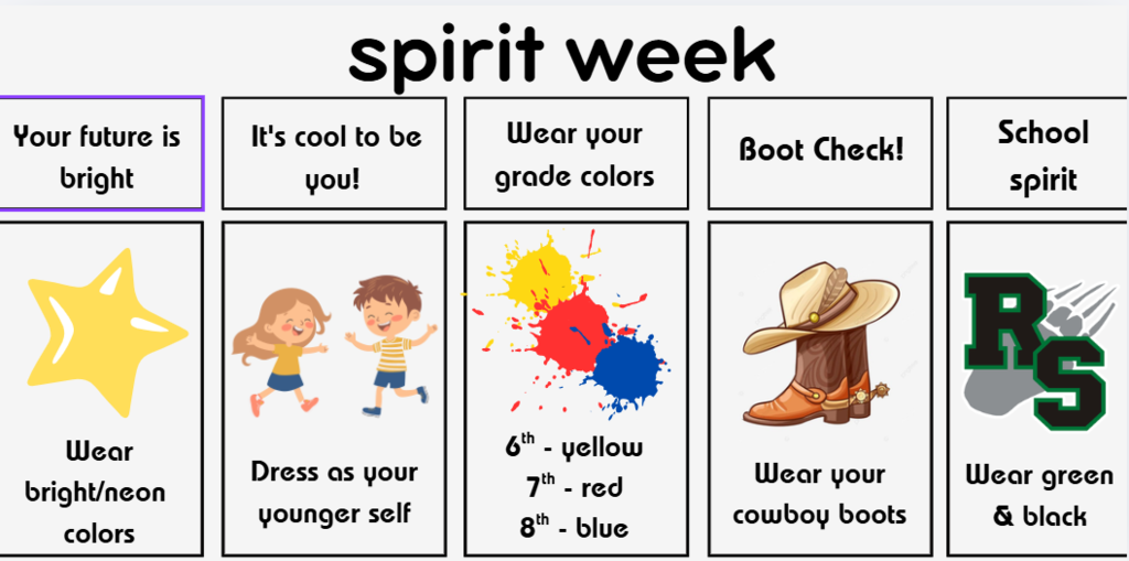 A  horizontal poster advertising spirit week. Monday is a  yellow star for neon day, Tuesday has a  young boy and girl , Wednesday has yellow, red, and blue paint splotches, Thursday has cowboy boots and a cowboy h at, and Friday has a black and green RS with a gray paw print