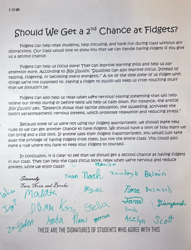 A "Second Chance at Fidgets" agreements signed by students
