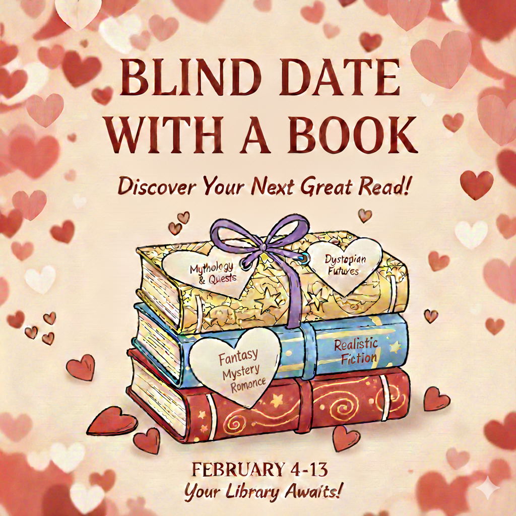 an off white flyer with read and pink hearts surronding a stack of books