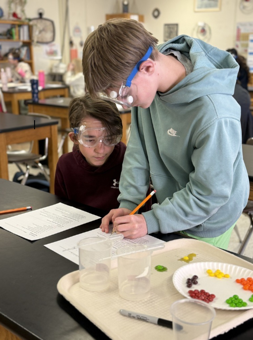 Two students in a science classroom documenting their experiment with skittles