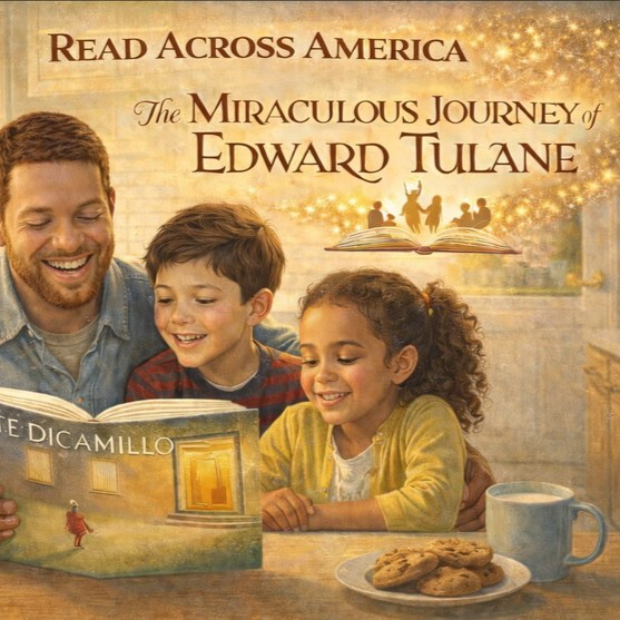 dad reading a book to students