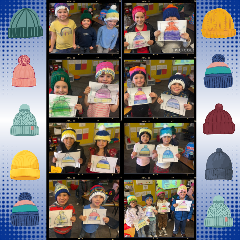 Students holding drawings of beanies gleaming with pride while wearing the crocheted counterpart of their handiwork