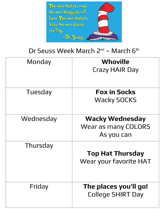 Flyer for Dr. Seuss week dress up days