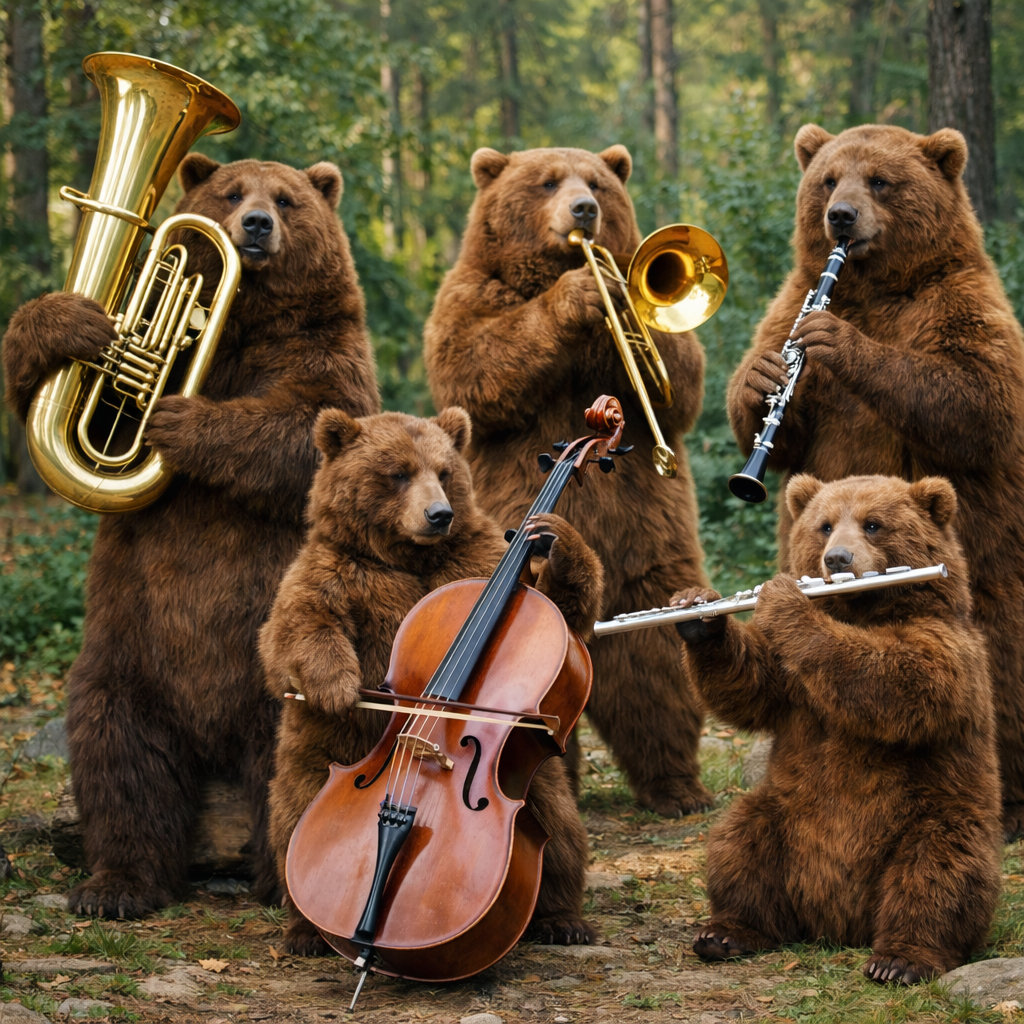 a picture of a group of bears in the woods playing instruments