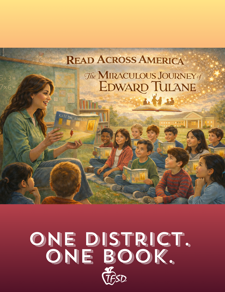 teacher reading a copy of Edward Tulane to her class.