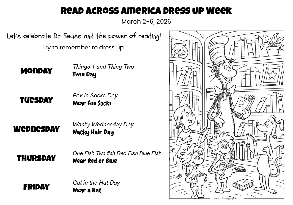 Dress up days and a picture of the Cat in the Hat, with kids