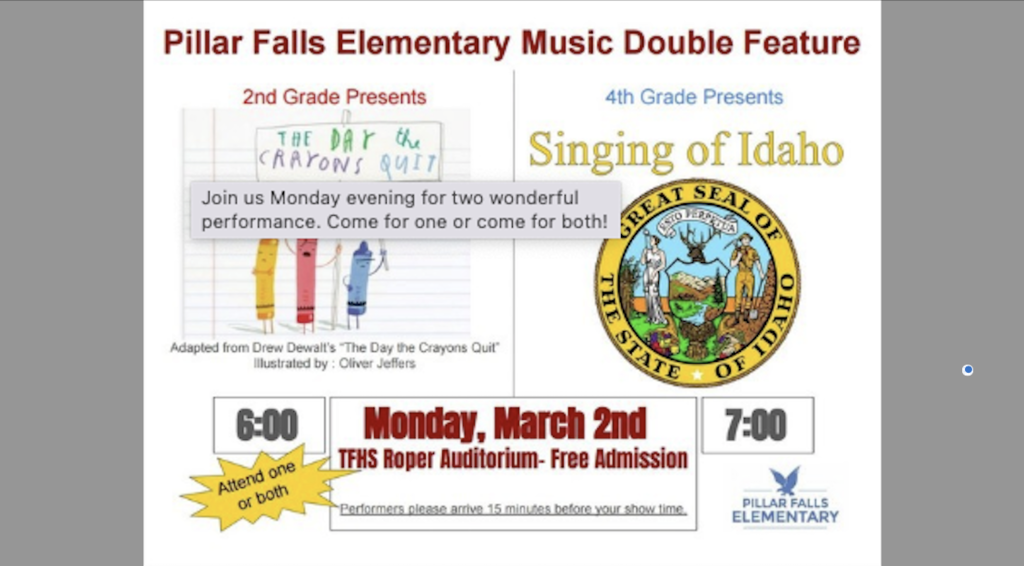 crayons, seal of Idaho, information about a concert with two singing performances