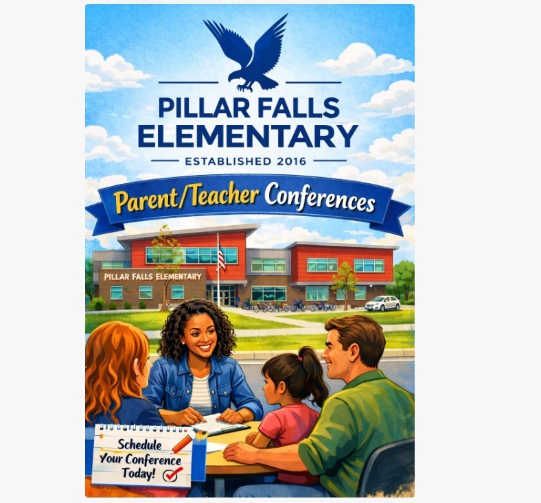 parent teacher conferences image of student with teacher and parents at school.