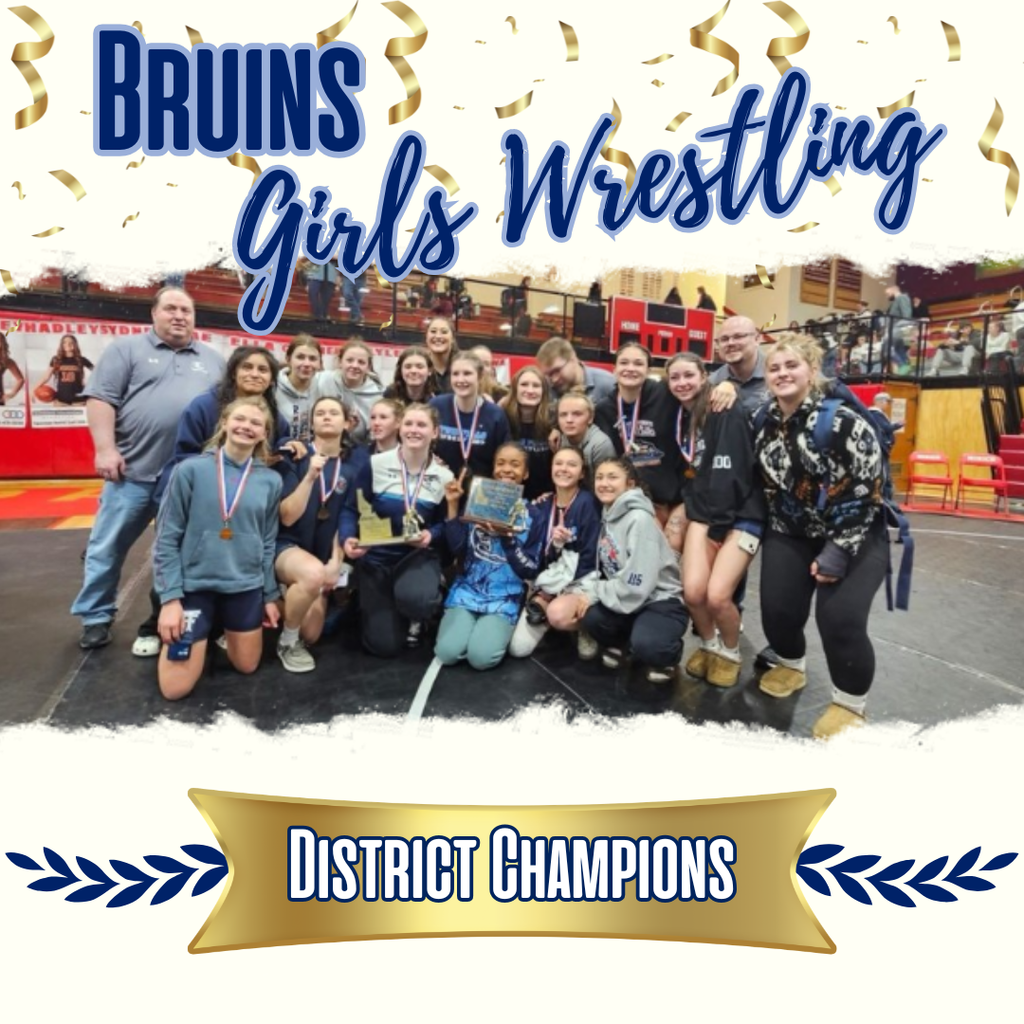 The Bruins girls wrestling team grouped together on the mat wearing gold medals
