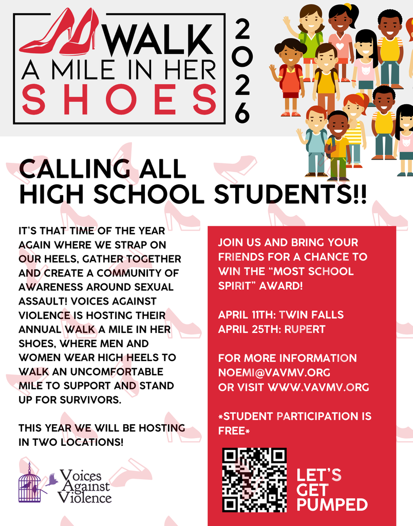 Walk a Mile in her Shoes 2026. Let's get pumped. April 11th at 12 p.m. at the Twin Falls Visitor Center