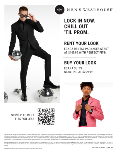Men's Wearhouse Lock in Now Chill out 'Tel Prom.  Sign up to rent fits for less.  