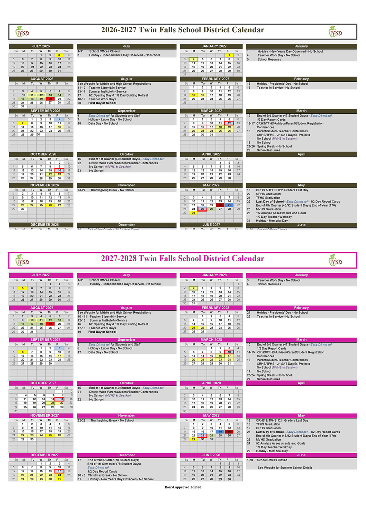 calendars for 2026-2027 and 2027-2028