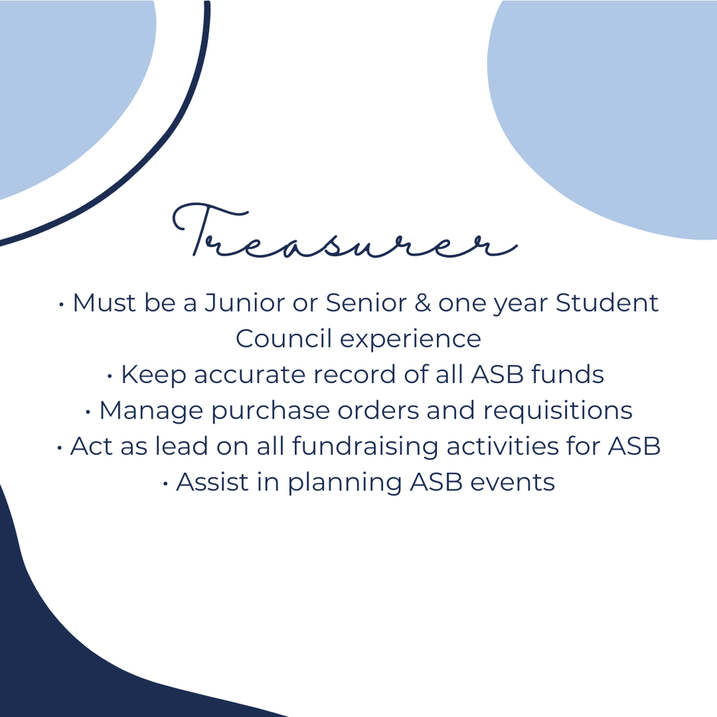 Treasurer:  Must be a junior or senior and one year student council experience, keep accurate record of all ASB funds, manage purchase orders and requisition, act as lead on all fundraising activities for ASB, assist in planning ASB events.