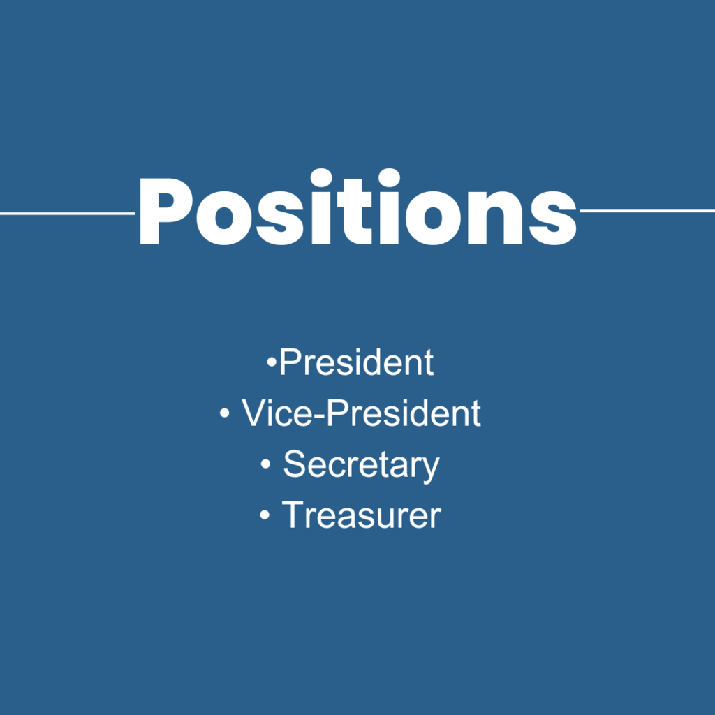 Positions:  President, Vice-President, Secretary, Treasurer