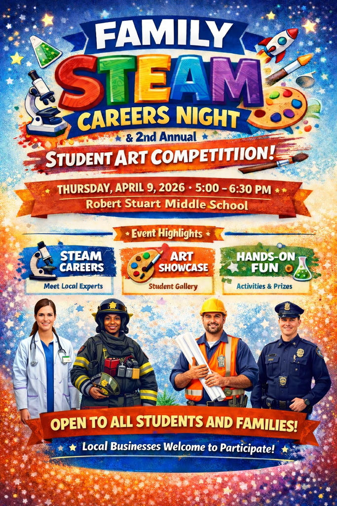 a brighly colored poster announcing family stem night and art contest