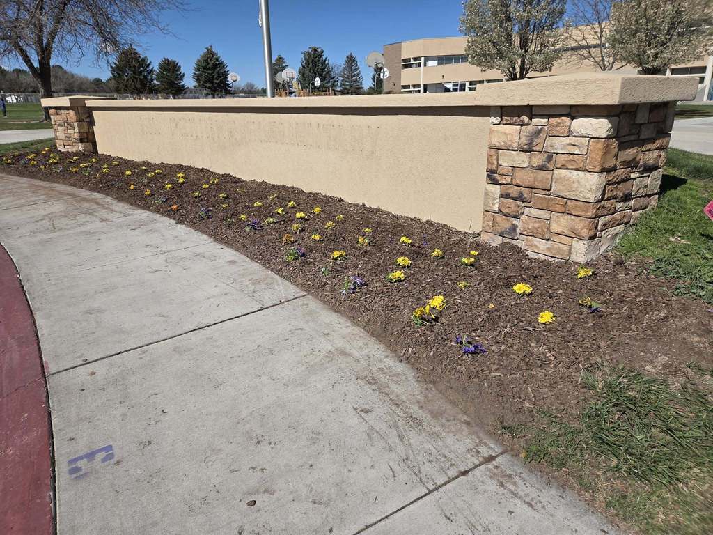 Front of the school with new flowers