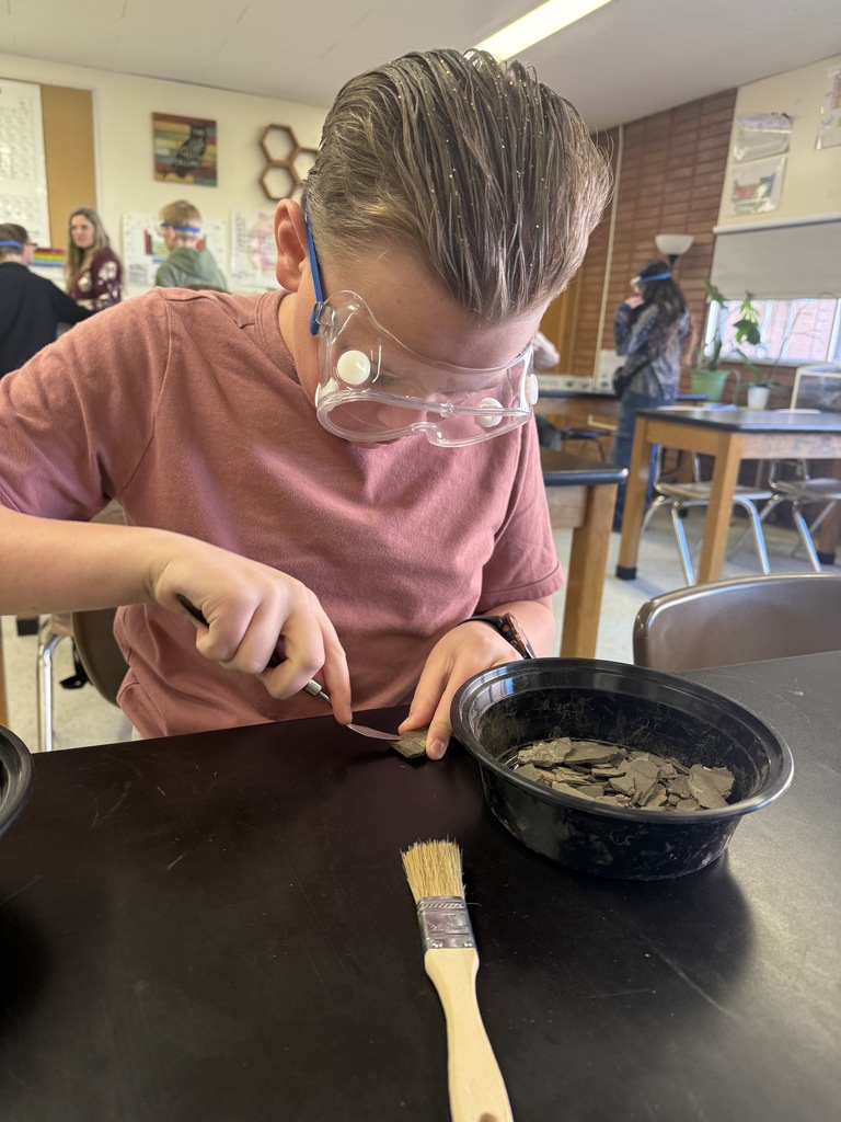 picture of a male student brushing a rock sample to look for fossils