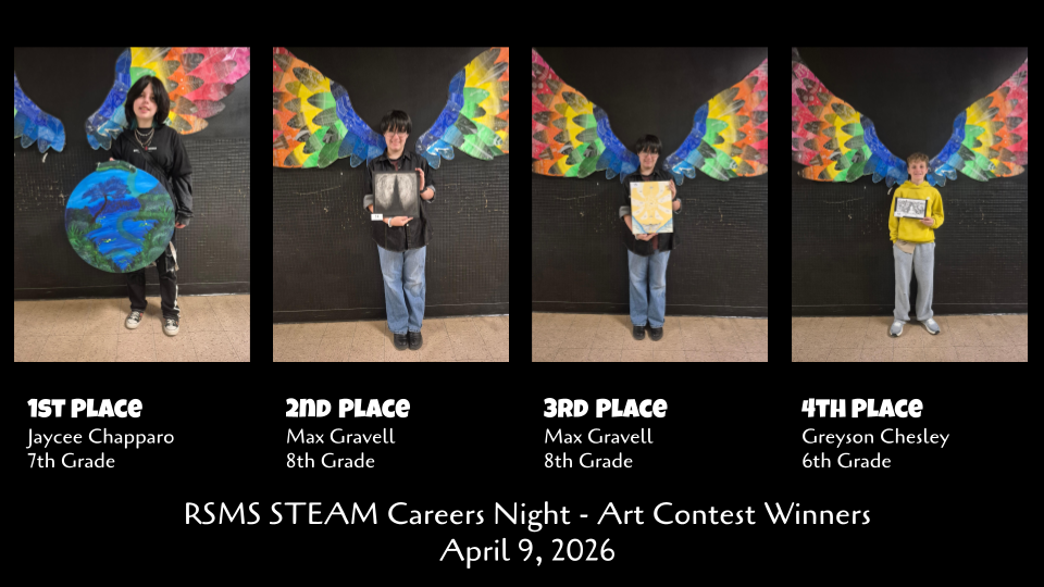 a black rectangle with four individual student pictures holding their art