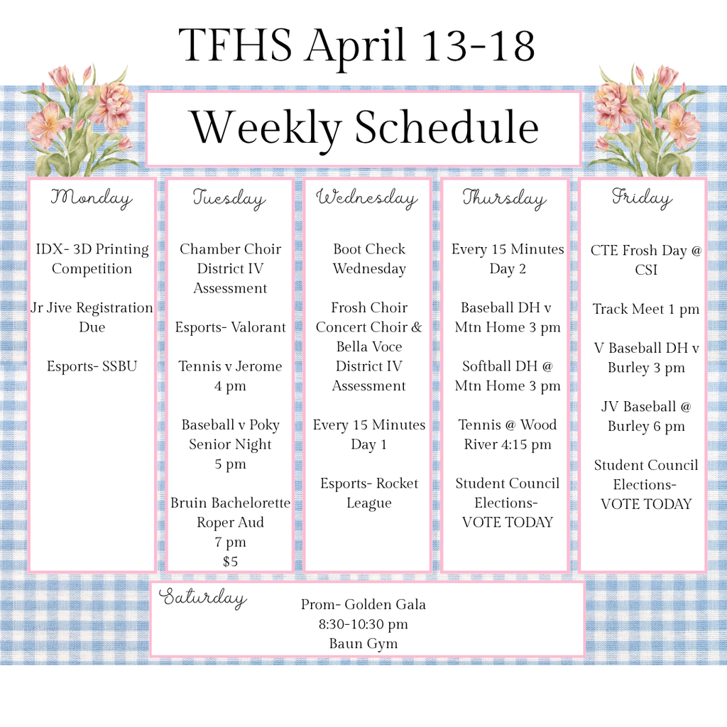 TFHS April 13-18 Weekly Schedule